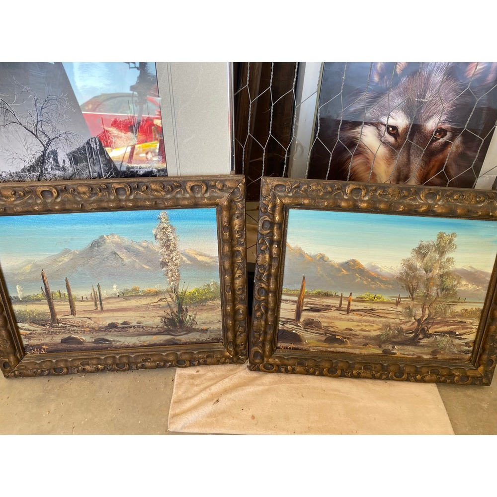 Vintage Nist Signed Desert Landscape Oil Paintings Pair Gold Ornate Framed Set